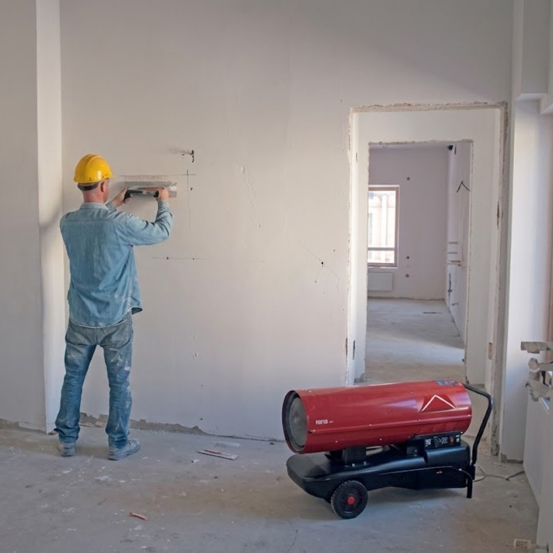Chauffage chantier — Aérotherme en fonction pendant travaux d'enduit